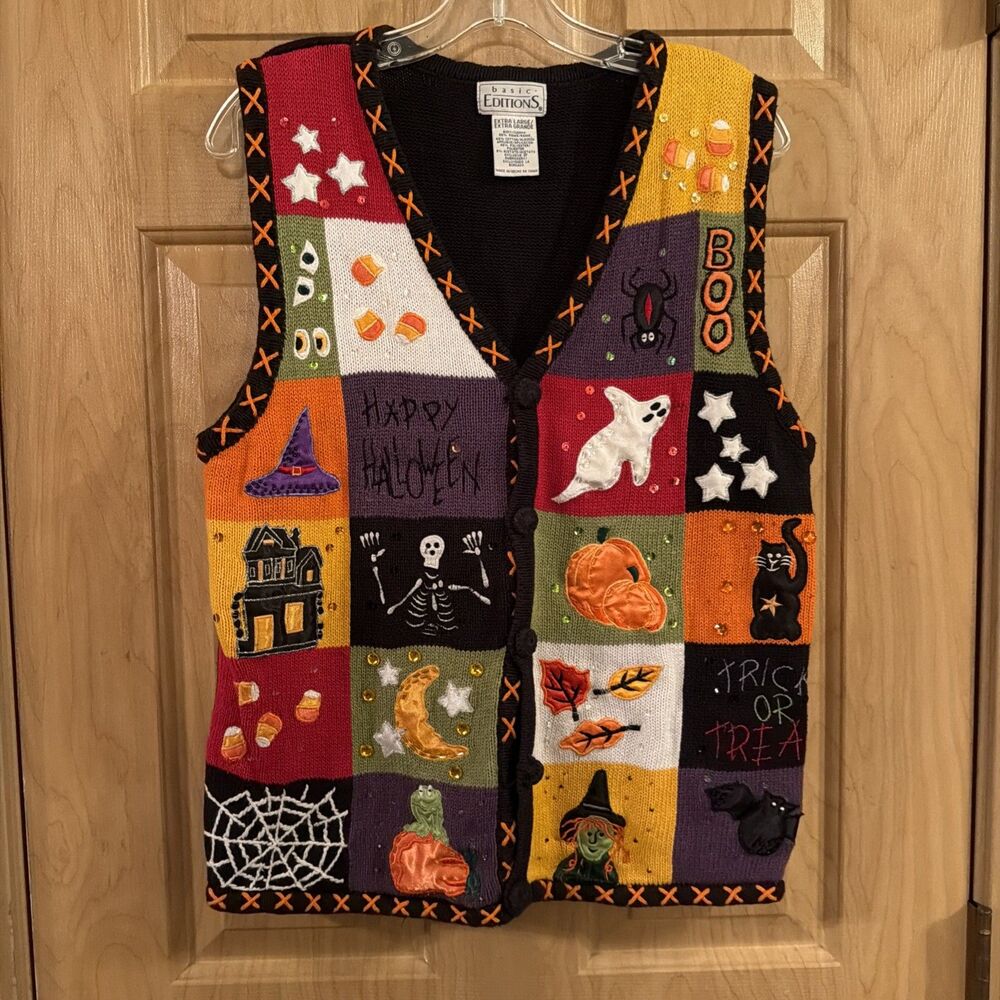 Vintage Halloween Patchwork Sweater Vest XL Black Cat Pumpkin Sequin Spooky.EUC!